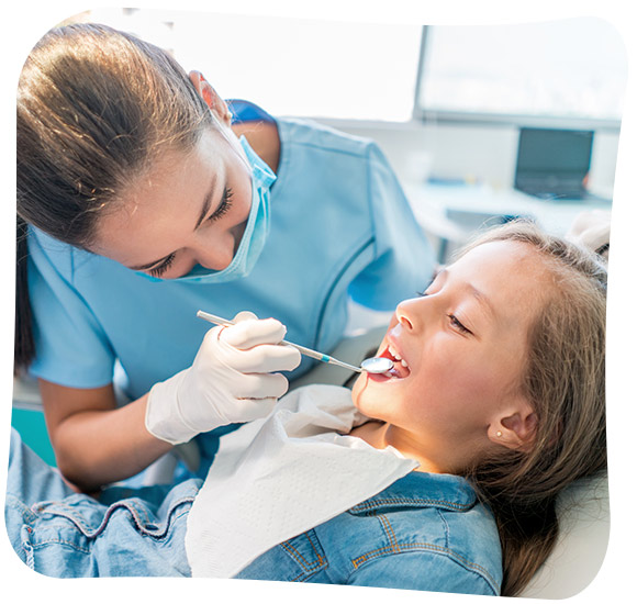 A young girl receiving orthodontic treatment from a dentist who is examining her mouth with a dental tool.